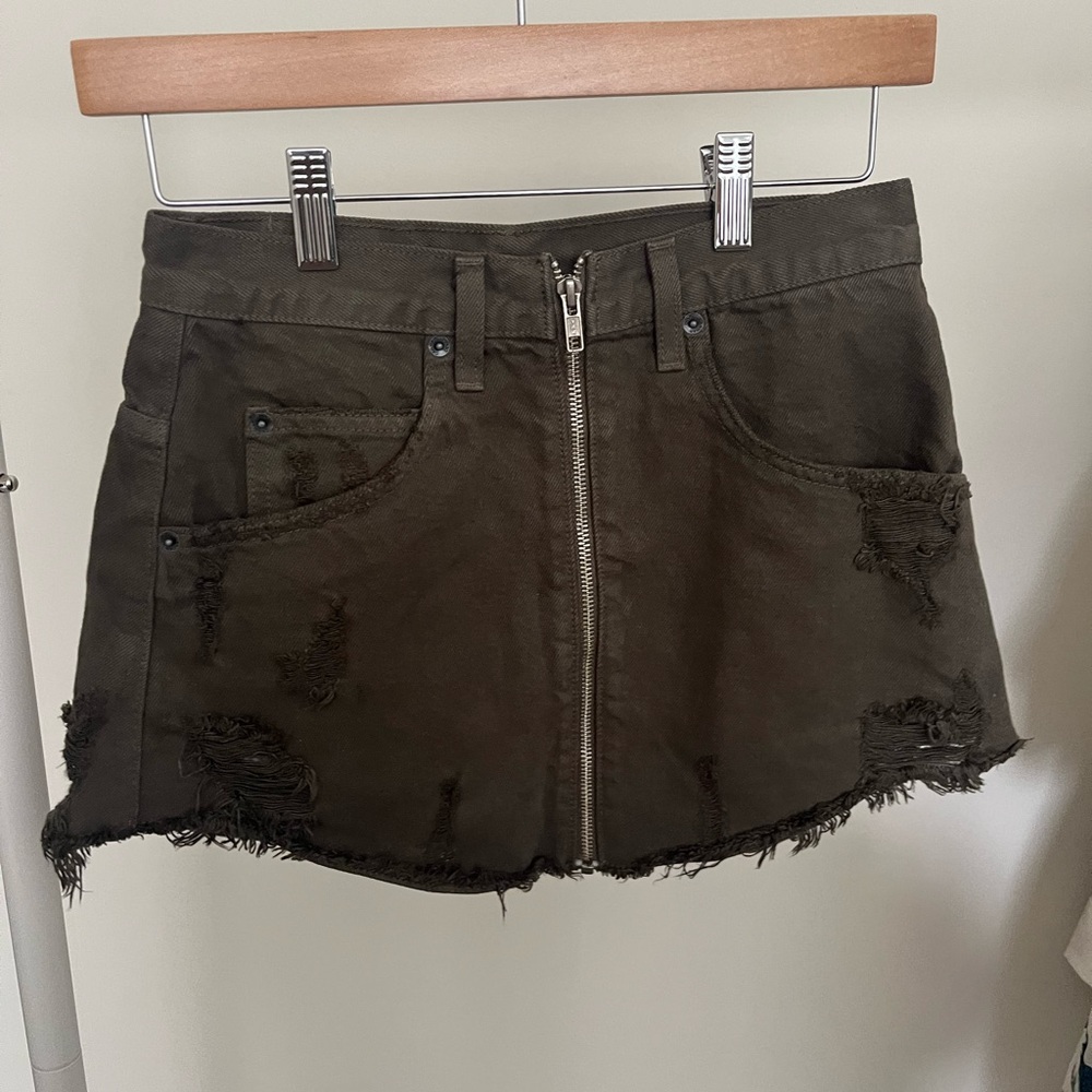 Carmar Olive Green Distressed Mini Skirt with Zipper